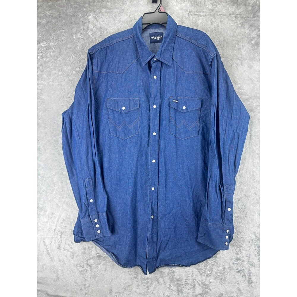 Wrangler Mens Button-UP Shirt 2XL Tall Blue Cotton Solid Regular Western Pearl